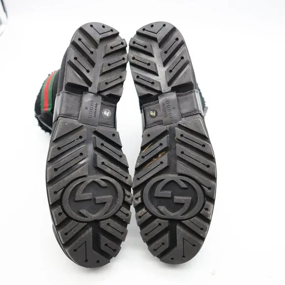 GUCCI Black Leather Signature Webbing Shearling Lined Men UK 9.5 US 10 Combat